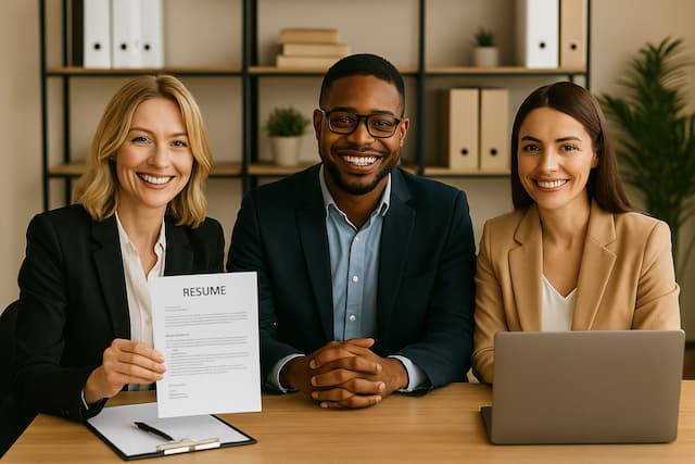 Équipe de recrutement d’ALOMAYJOB Compétences accueillant un candidat
